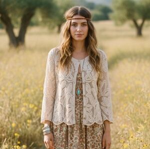 Boho Cottage Cream Crochet Lace Button-Front Cardigan SZ L/XL